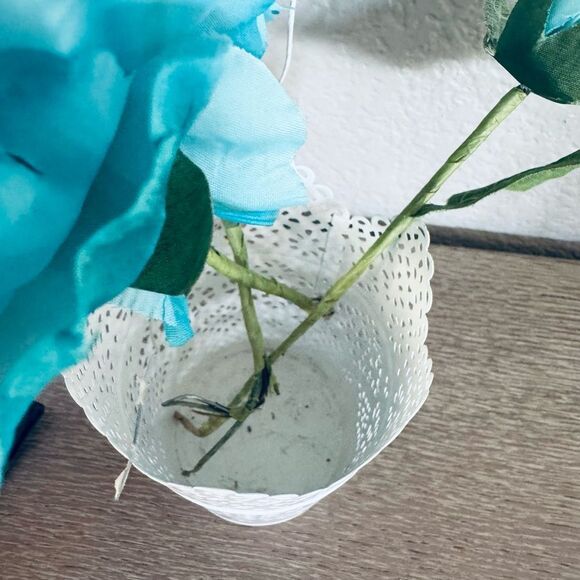 Turquoise Blue Floral Peony White Lace Vase Arrangement - Picture 4 of 4